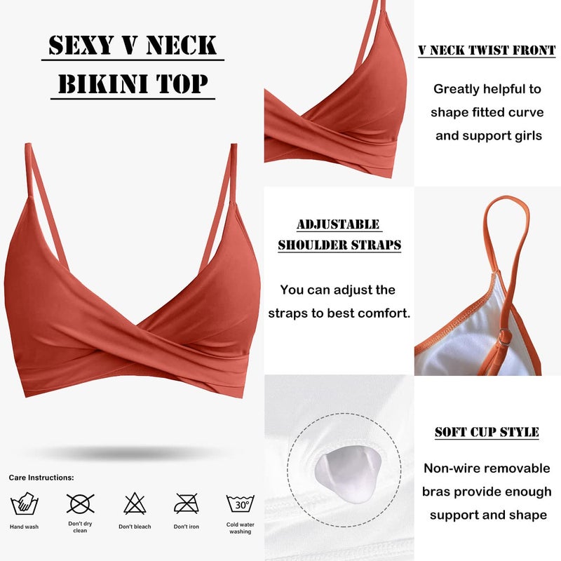 Balasami Women's Push Up Sexy V Neck Adjustable Twist Ruched Front Bikini Swimsuit Top Only Rust Red - Image 5